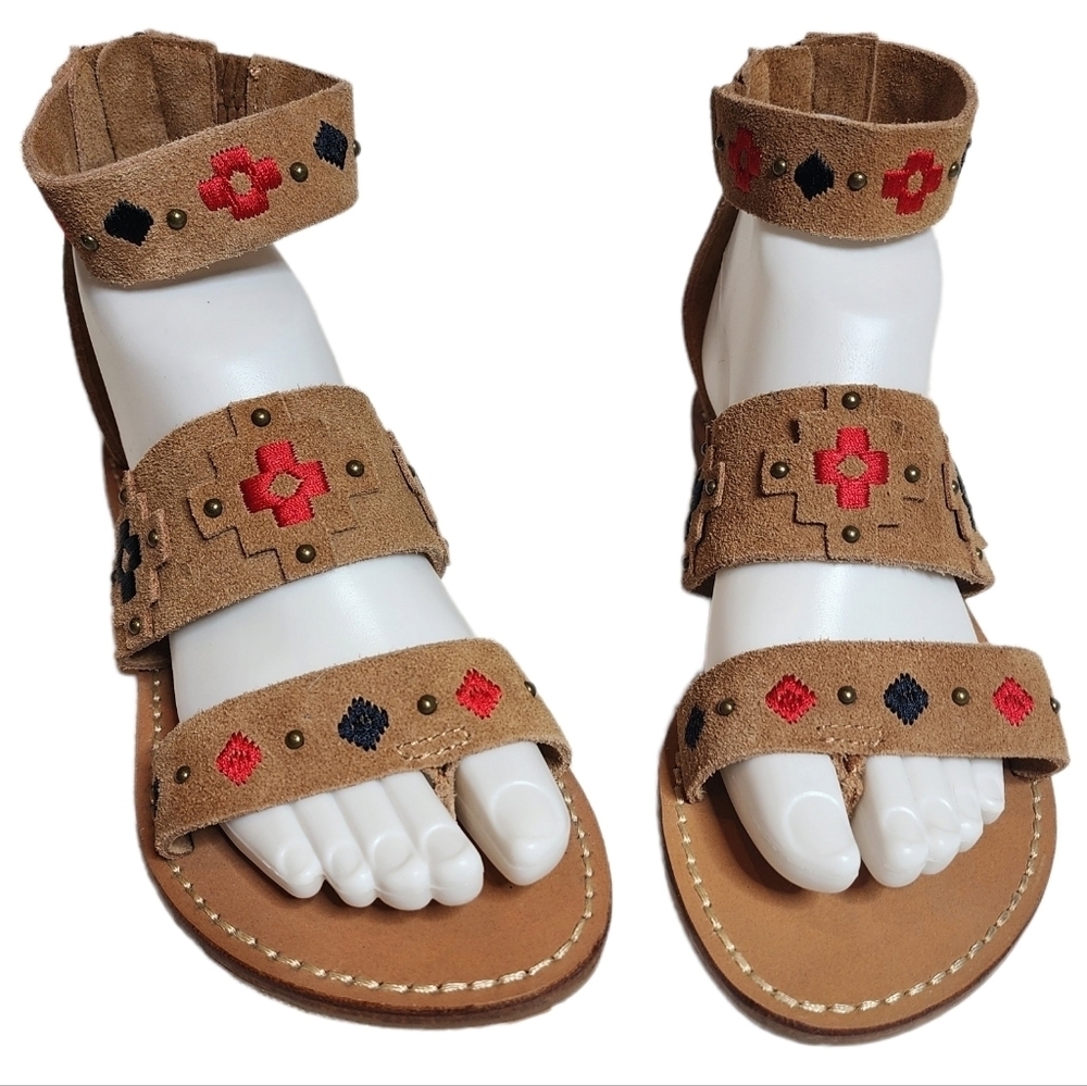 SOLUDOS Embroidered Suede Tan Brown Red Sandals‎ Size 7 New